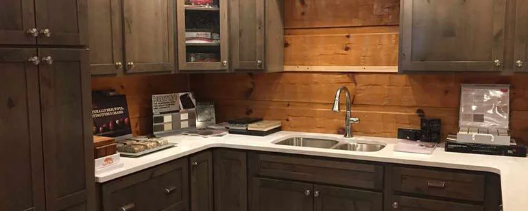 Raymond Hardware's building showroom, with kitchen cabinet and bathroom fixture displays